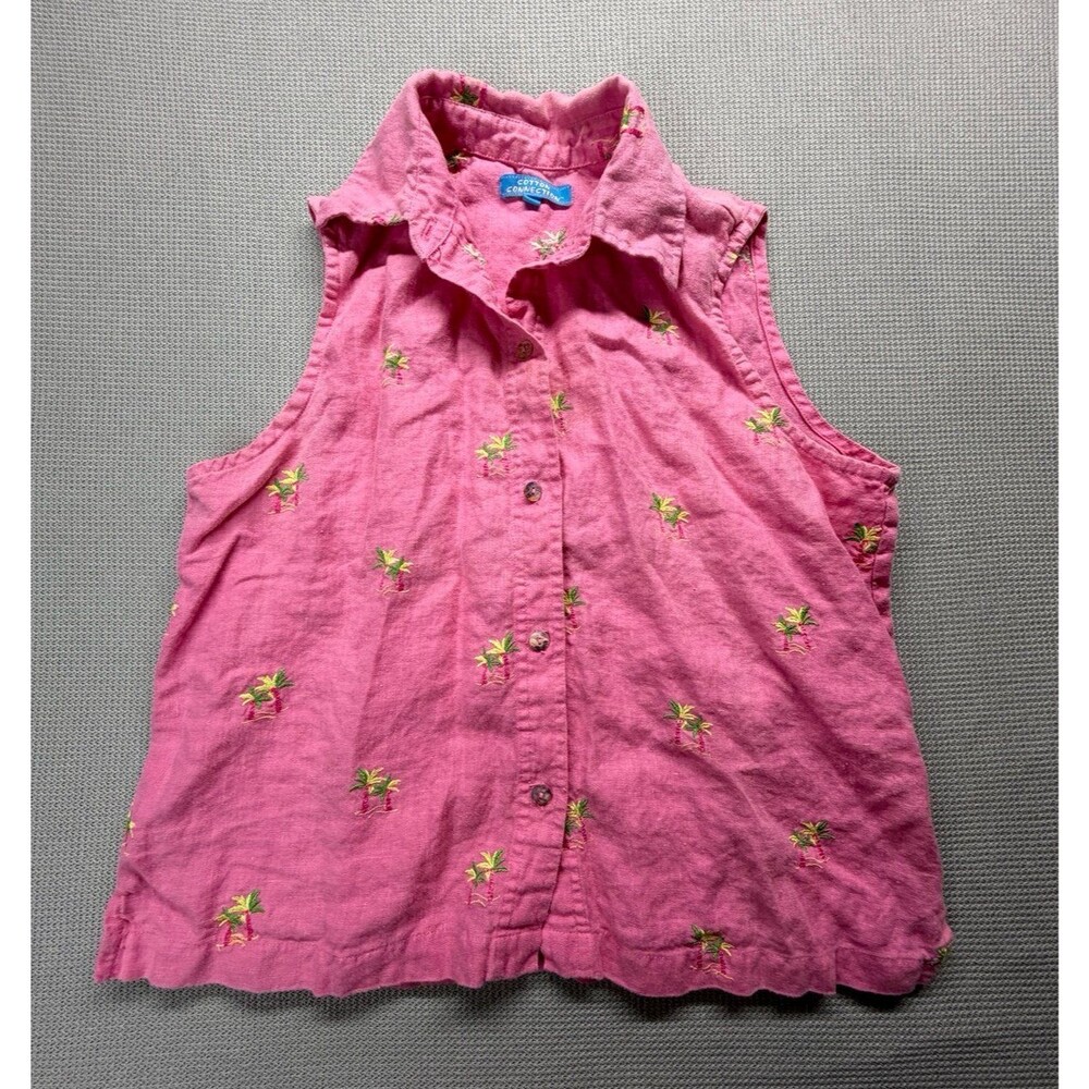 Vintage 90s Cotton Connection Pink Embroidered Palm Tree Vest Top 100% Linen